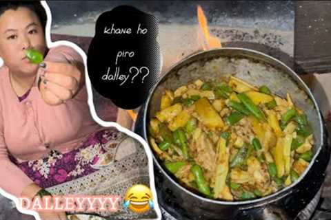 cooking and eating organic beans,potato and bamboo shoots with rice ❤️village cooking life style