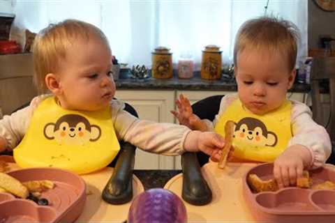 Twins try peanut butter toast with banana