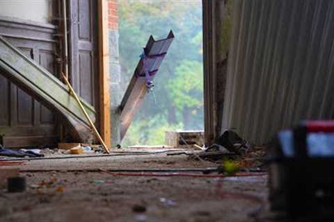 Ascending structural steel beams through a chateau.