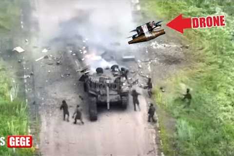 Brutal moment! Ukrainian FPV Drone Blows Up Two Russian Advanced Tanks While Drove Down In Road